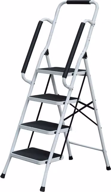 Gr8 Home 4 Step Folding Steel Ladder with Handrail and Non-Slip Feet, White