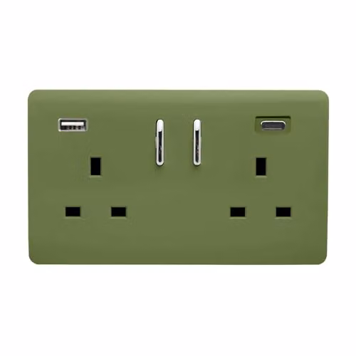 Trendi 2 Gang 13 Amp Flush Socket with 2 x Type A & C 3.1A USB Ports in Green