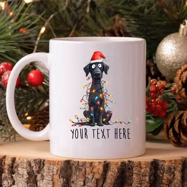 60 SECOND MAKEOVER Personalised Labrador Christmas Lights Santa Hat Ceramic Mug in White
