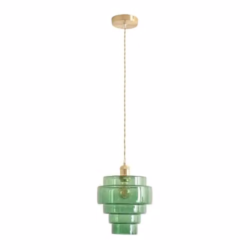 ValueLights Lane Green 5 Tier Glass Single Ceiling Pendant Light with Brushed Gold Fitting and LED Bulb Included