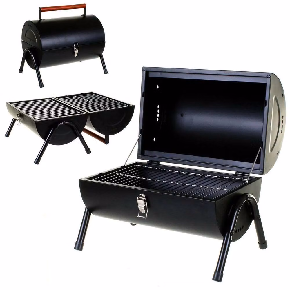 Nordara Portable Tabletop Charcoal Barrel Garden Camping Grill in Black with Stainless Steel and Wood Details – 2