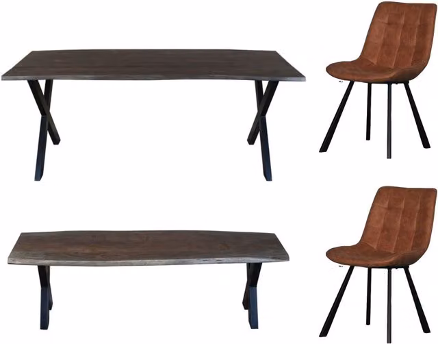 IH Design Live Edge Acacia Wood Dining Table Set with 2 Chairs and 1 Bench in Grey and Brown