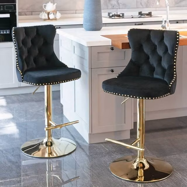 Modern Home Touch Set of 2 Luxury Velvet Adjustable Swivel Bar Stools with Gold Metal Base in Black