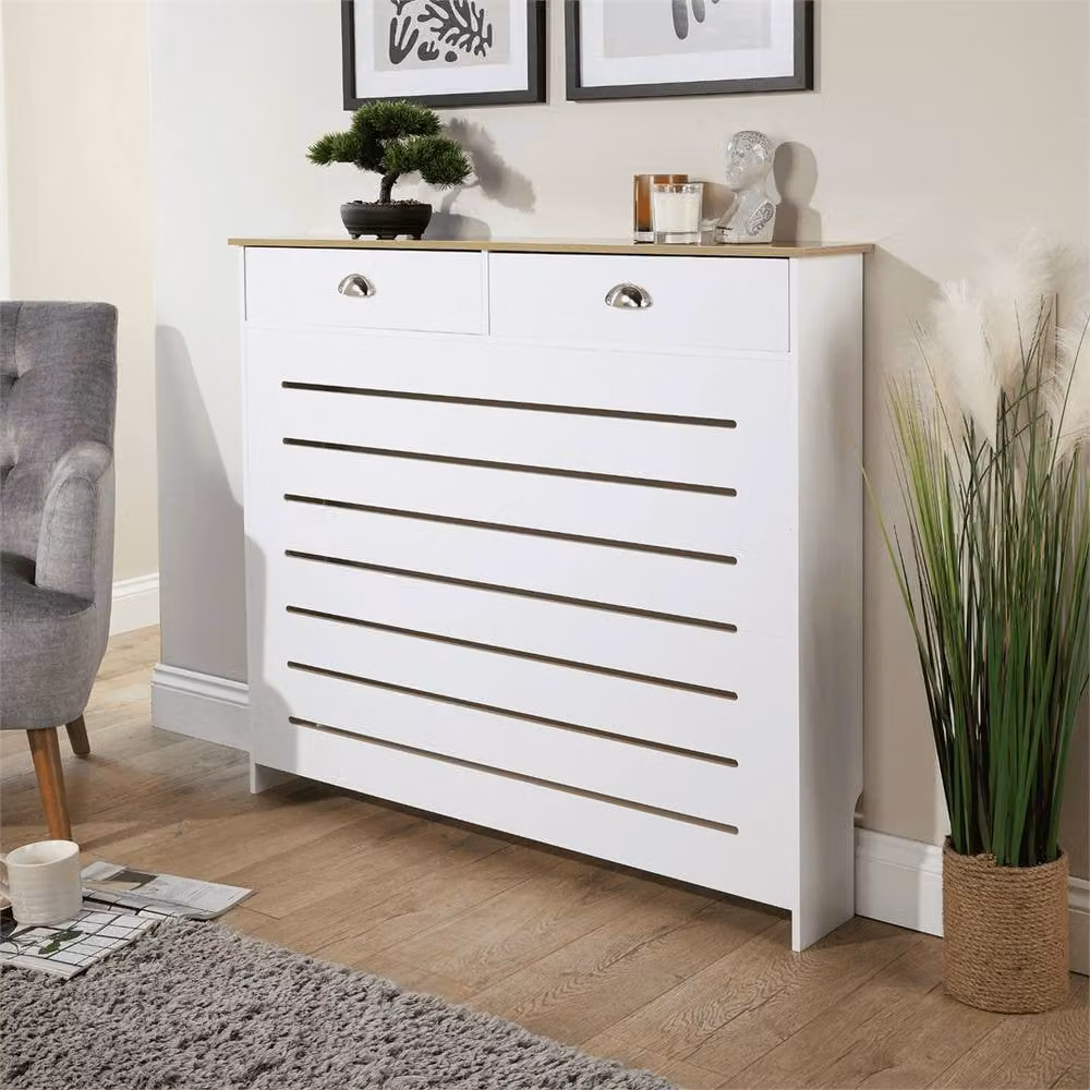 FORGEVIO Radiator Cover Grill Shelf with 2 Drawers in White Matt MDF – 2