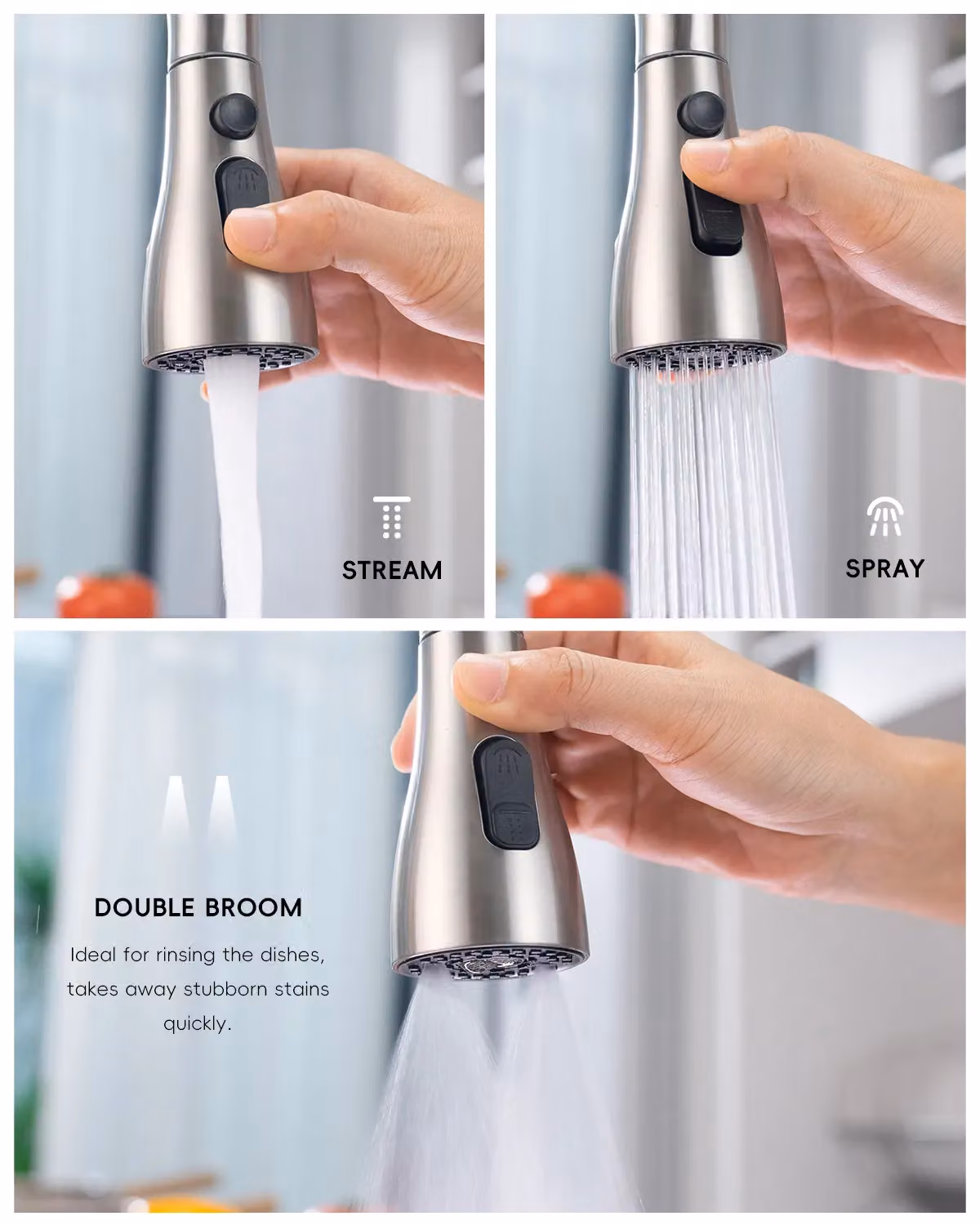 Appaso Stainless Steel Kitchen Sink Mixer Tap with Pull Out Spray in Silver Brushed Steel – 3