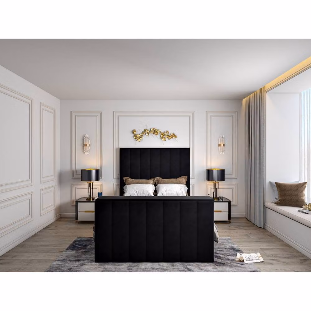 KDMD Vogue Bespoke Double Bed Frame in Black Upholstered Soft Velvet with Lift Up Base, W/D/H: 140 x 200 cm – 2