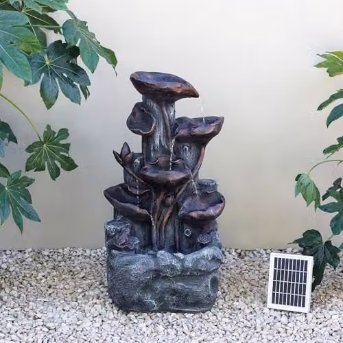 Primrose Solar Power Lily Pad Rock Cascade Water Feature with LEDs in Bronze and Brown, H 76 cm