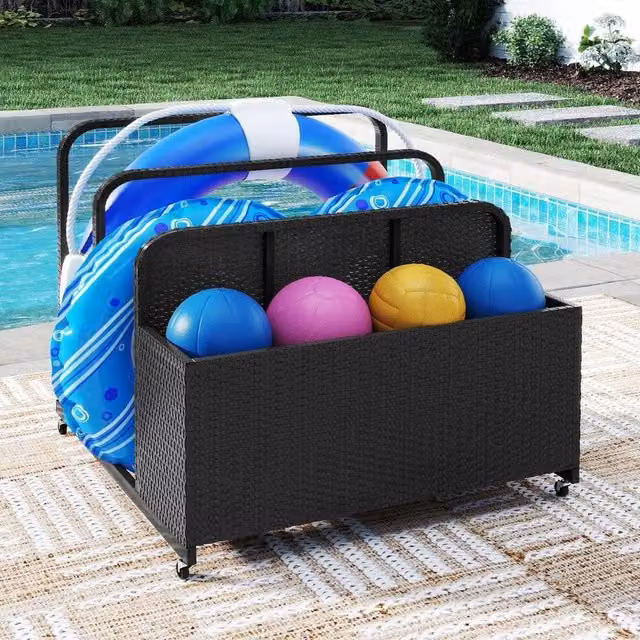 Kelvenix Rolling Wicker Float Storage Organizer in Black with Galvanised Steel Frame