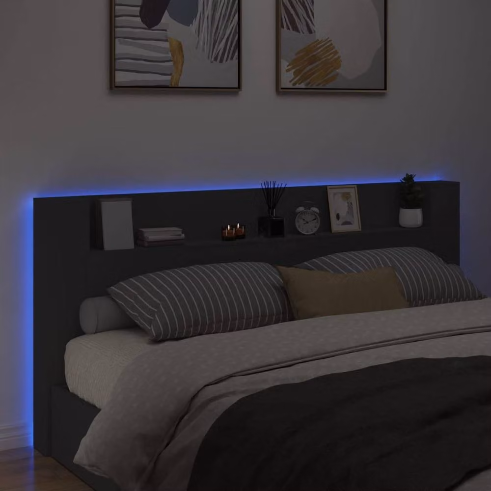 Berkfield Home Modern Wall Mount Headboard Cabinet with LED Lighting and USB Charging Port, Black, W: 220 cm, D: 16.5 cm, H: 103.5 cm – 4