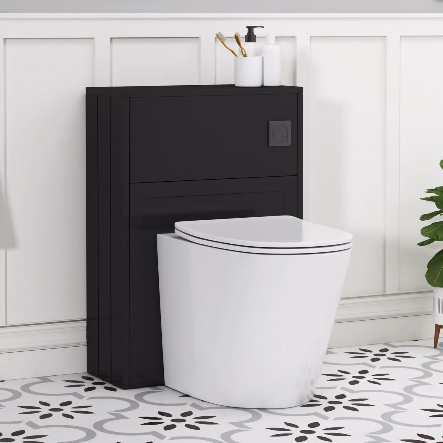 Royal Bathrooms Elmore Wall Mounted WC Unit in Matte Nocturne Black with Cesar Rimless Ceramic Toilet Pan, Slim Soft Close Seat and Cistern, Width: 55 cm