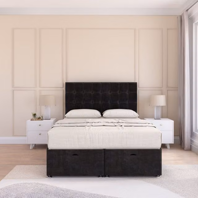 Sloomy Alabama Super King Ottoman Bed with 26 Inch Headboard and Hybrid Memory Mattress in Black