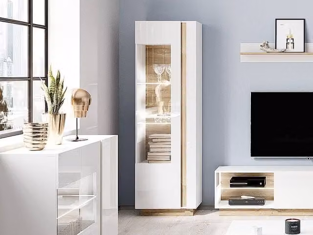 Vente-unique MURARI 1-Door Display Cabinet with Integrated LED Lighting in Gloss White and Light Oak, H: 193.5 cm, W: 60 cm, D: 40 cm – 1