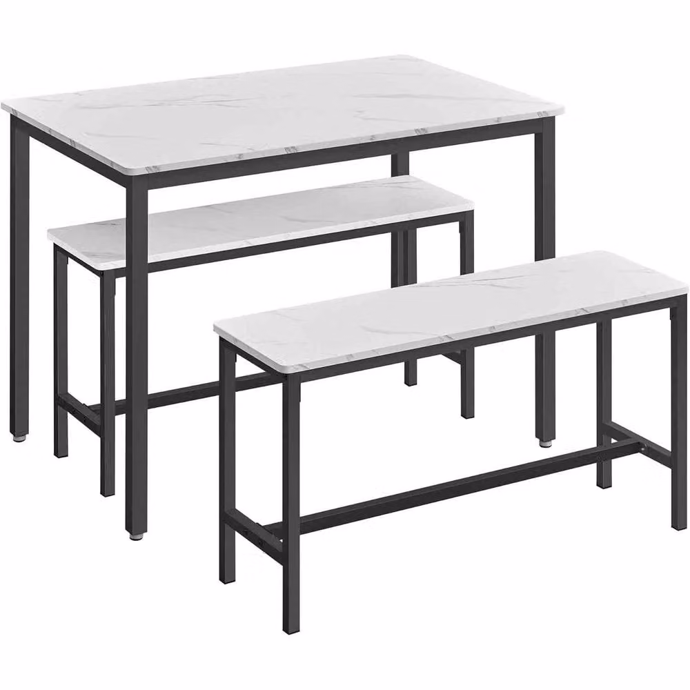 The Bazaarist 3 Piece Industrial Dining Table and Bench Set for 4, White and Black Marble Effect – 2