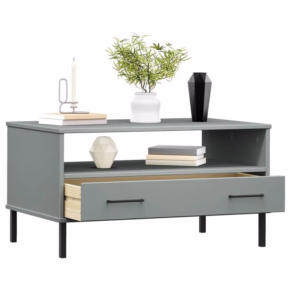 Berkfield Home Oslo Solid Wood Coffee Table with Metal Legs, Grey, W: 85 cm, D: 50 cm, H: 45 cm – 3
