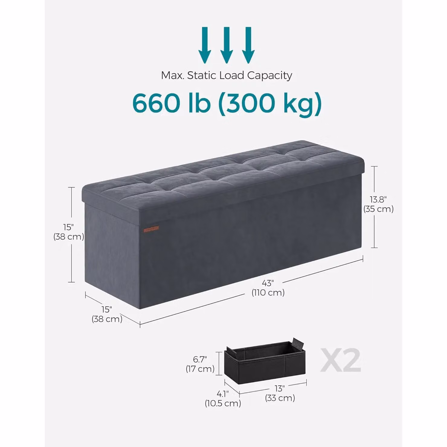 SONGMICS Extra Large Foldable Storage Ottoman Cube Heavy Duty Bench in Grey – 2