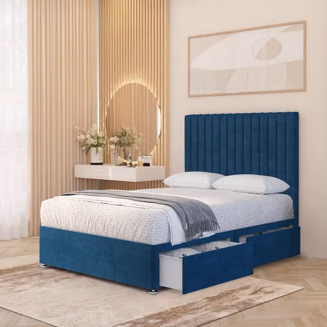 Somnior Beds Ltd Verona Velvet 4000 Pacific Orthopaedic Pocket Spring Divan Bed Set with 54 inch Headboard and Drawers, Navy Blue
