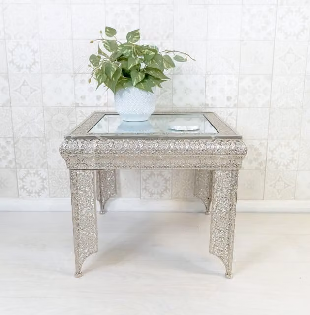 Downton Interiors Agadir Collection Silver Embossed Metal and Mirrored Glass Square Side Table