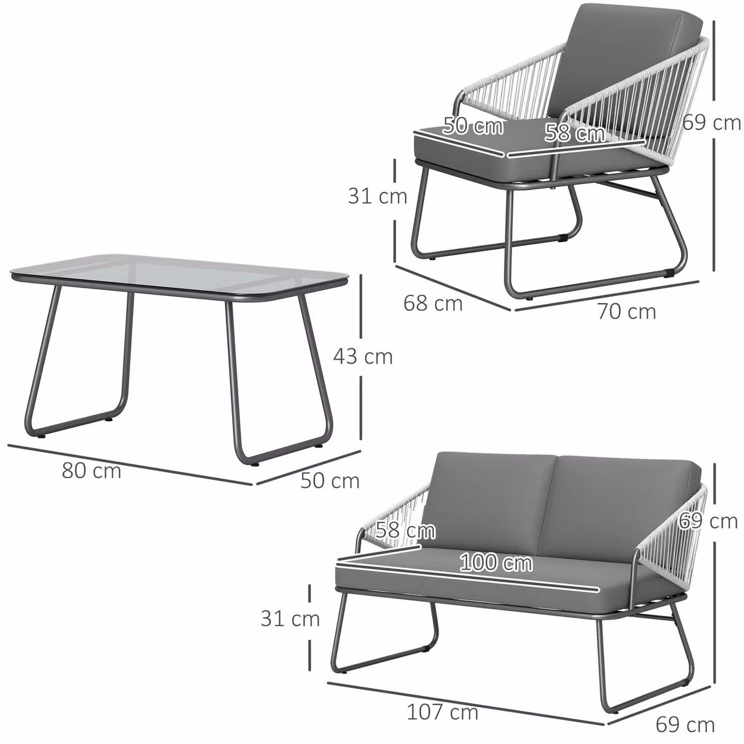 Outsunny 4 Piece Grey Rattan Garden Furniture Set with Upholstered Cushions, 2 Seater Sofa, Armchairs and Glass Top Coffee Table – 3