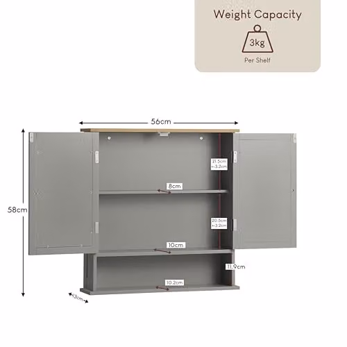 Bath Vida Priano 2 Door Mirrored Wall Cabinet with Internal Shelves, Grey, H 58 cm x W 56 cm x D 13 cm – 2