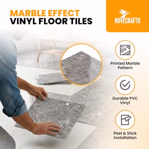 Novecrafto Self Adhesive Vinyl Floor Tiles, Light Grey Marbled Stone Look, 30 Pack, W/D: 30.5 x 30.5 cm – 2