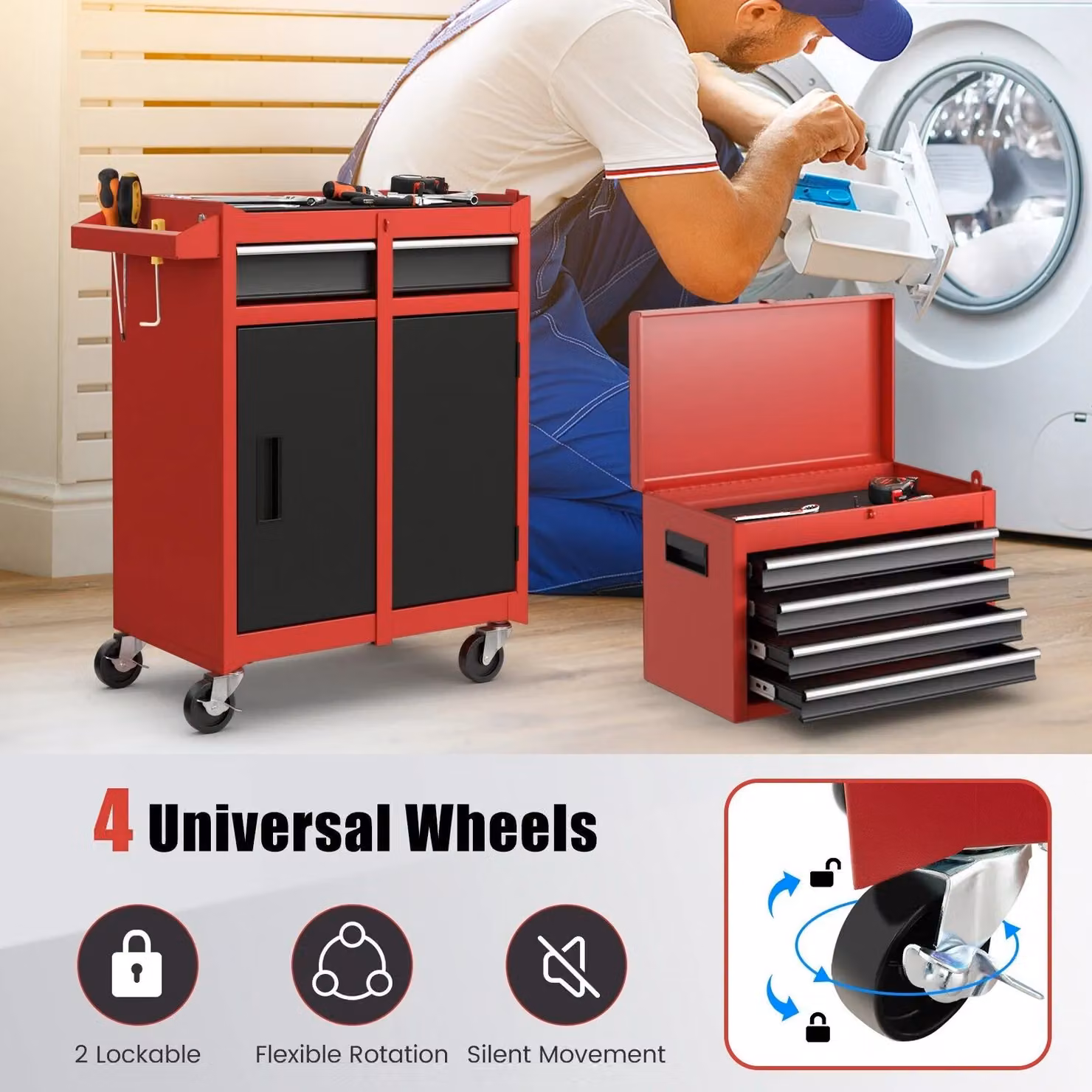 Costway 5-Drawer Rolling Tool Chest Metal Storage Cabinet with Lockable Wheels in Red – 4