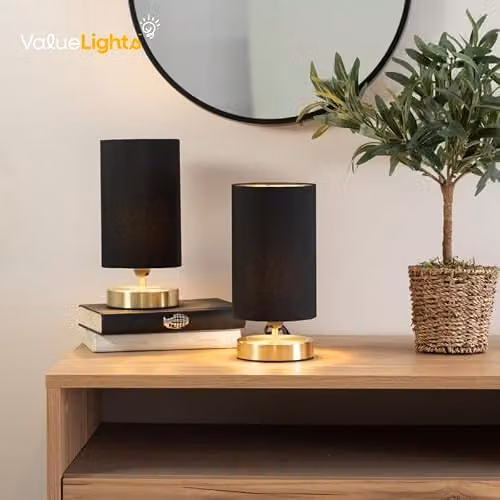 ValueLights Francis Dimmable Touch Table Lamp with Brushed Gold Cylinder Base and Black Fabric Shade – 4
