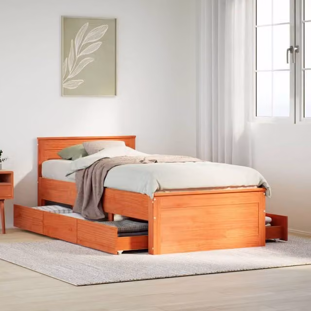 Berkfield Home Small Single Solid Wood Pine Bed Frame with Headboard in Wax Brown, W/D/H: 75 x 190 cm