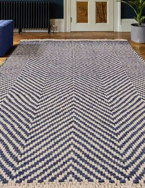 Asiatic Vigo Blue Geometric Woven Jute and Wool Rectangular Rug with Fringes