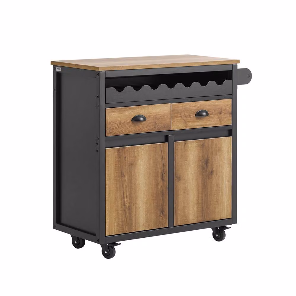 SoBuy Industrial Kitchen Trolley with Wine Rack and Storage in Brown and Black – 2