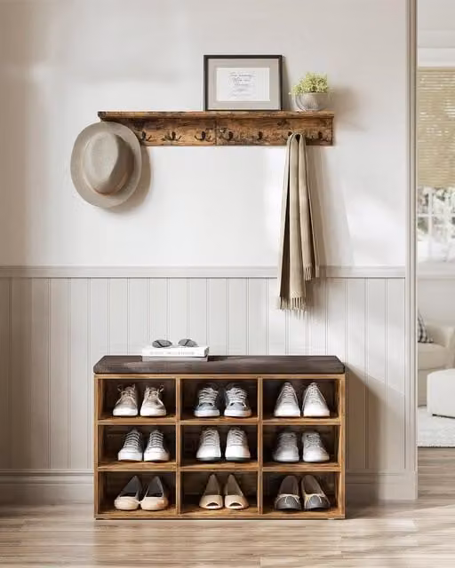 VASAGLE 9 Compartment Shoe Storage Bench with Adjustable Shelves and Padded Seat in Brown – 1