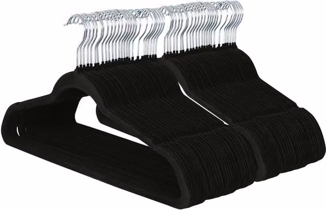 Harbour Housewares Non-Slip Velvet Hangers with Bar and Notches, Black, Pack of 50