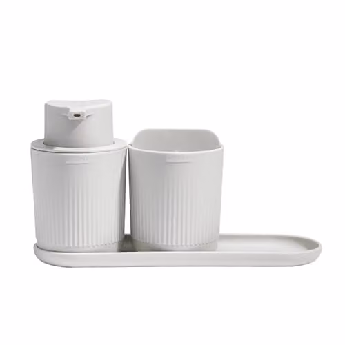 ReBorn Stone Recycled Bathroom Accessory Set of 3 including Soap Dispenser, Toothbrush Holder and Tray in Beige/Sand – 1