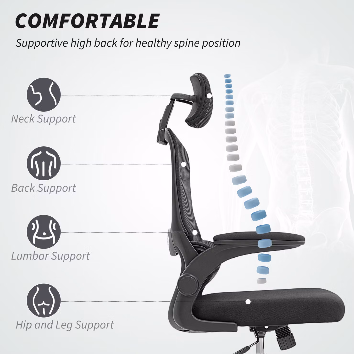 HOMCOM Black Fabric Mesh Back Task Chair with Headrest and Armrests – 4