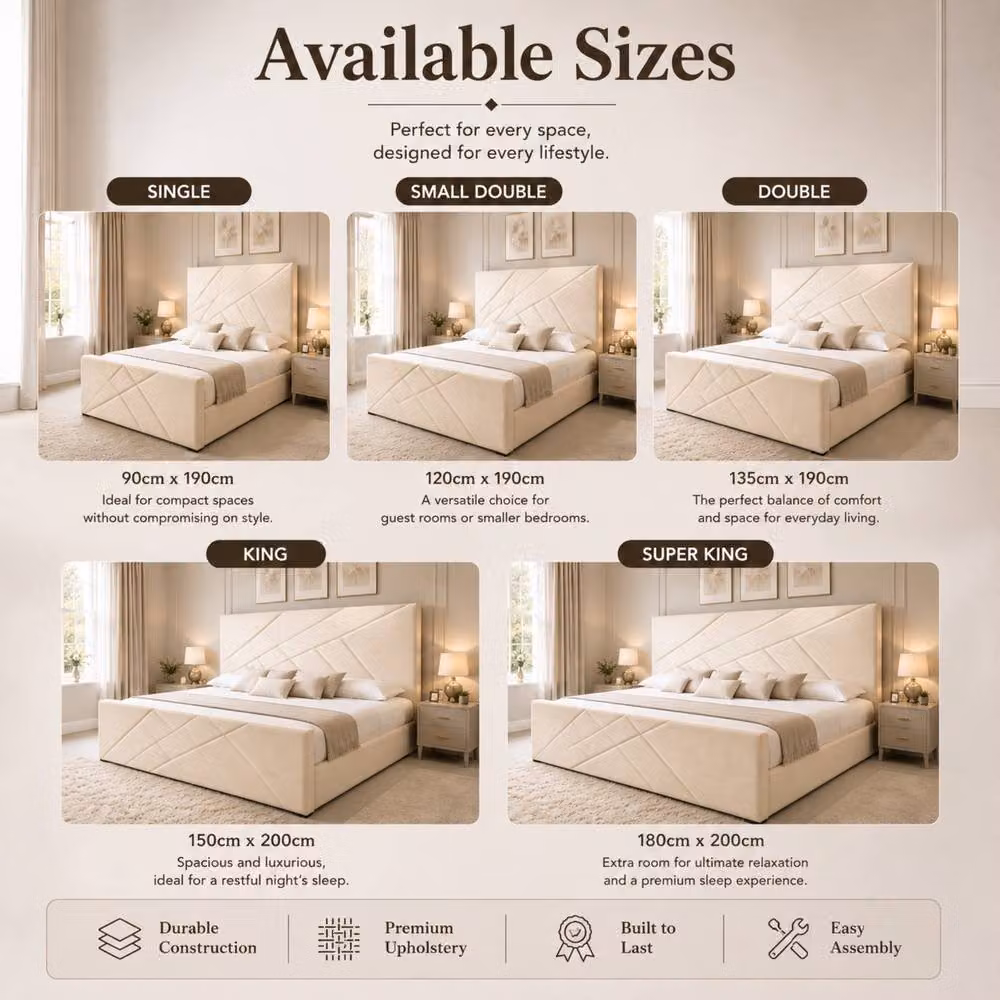 Stratus Interiors Virgo Luxury Geometric Upholstered Bed Frame in Beige, Small Double (W: 120 cm, L: 200 cm) – 2