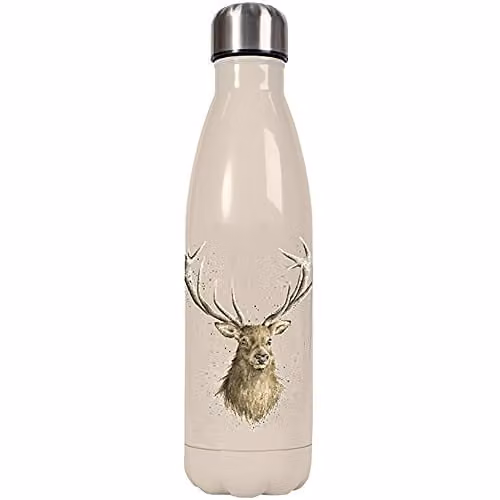 Wrendale Designs Portrait of a Stag Reusable Stainless Steel Vacuum Insulated Water Bottle, 500ml, Beige and Multicolour