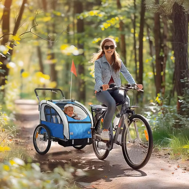 HOMCOM 2-Seat Bike Trailer Stroller Converter with Safety Flag in Blue