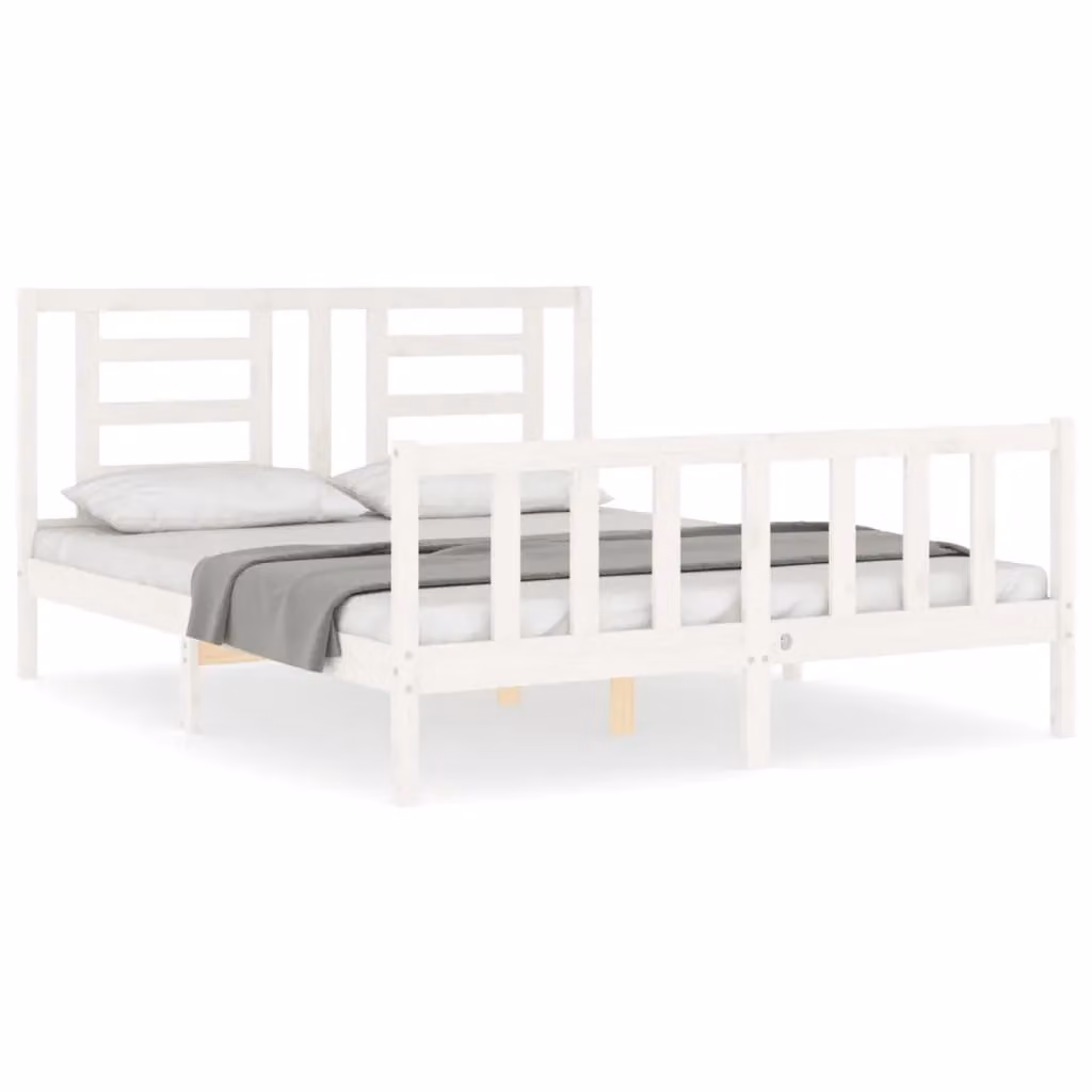 Berkfield Home White Solid Pine Wood Bed Frame with Headboard W/D/H: 160 x 200 cm – 2