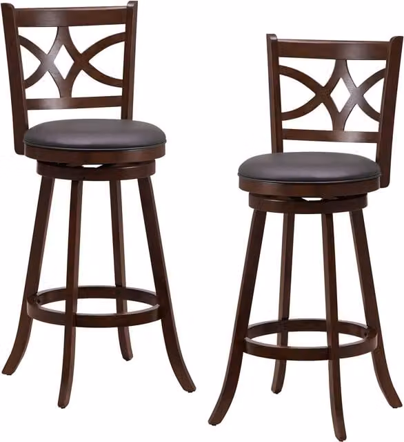 Costway Set of 2 Retro Brown Rubberwood Bar Stools with 360 Degree Swivel and Synthetic Leather Seats