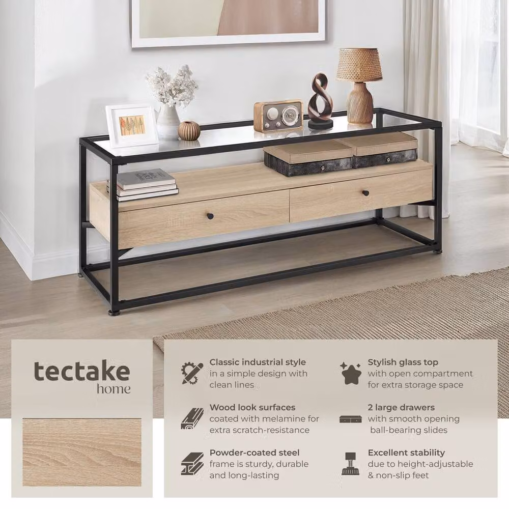 tectake Maidenhead Sideboard in Brown with Safety Glass Tabletop and 2 Large Drawers – 2