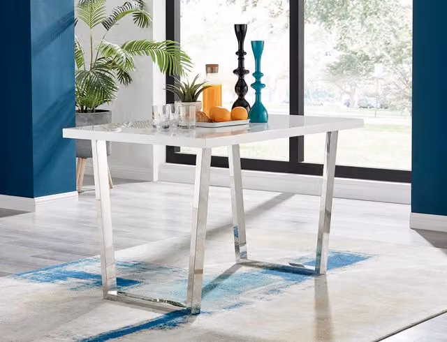 FurnitureboxUK Kylo Modern Rectangular Dining Table in White High Gloss with Silver Sled Base, Width: 120 cm
