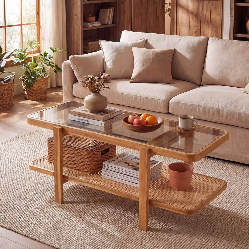 Gymax 2-Tier Rectangular Coffee Table with Storage in Brown Rustic Acacia Wood and Glass – 2