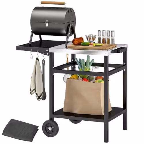 Outsunny Black Foldable BBQ Trolley and Pizza Oven Side Table with Wheels