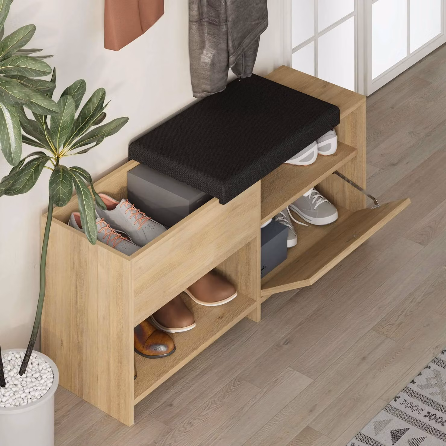 Decortie Filux Modern Shoe Storage Bench with Sliding Seat and Drop-Door in Natural Oak, Width: 120 cm – 3