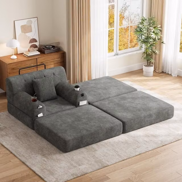 Aosom UK Corduroy Sleeper Chair with Ottoman and Metal Frame, Convertible 1-Seater Sofa Bed with High Backrest, W/D/H: 162 x 107 x 81 cm, Dark Gray