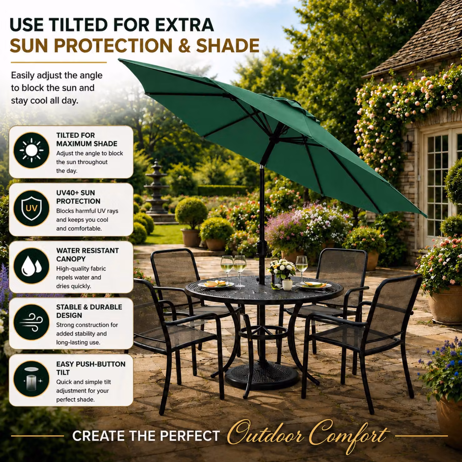 Glamhaus Green Solar Power LED Tilting Garden Umbrella with UPF 50+ Protection, Diameter: 270 cm – 6