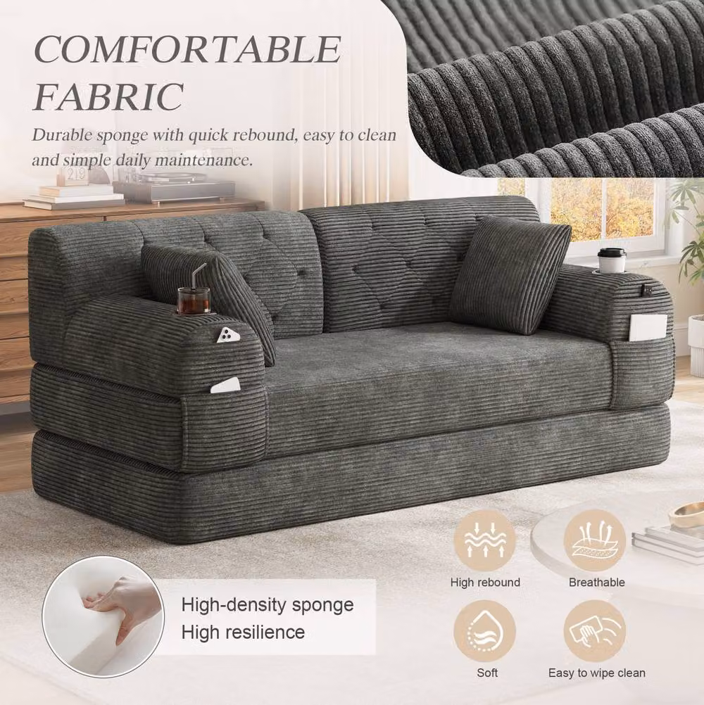 STILVORA Modern Grey Upholstered Sleeper Sofa with Cup Holders and Metal Frame – 5