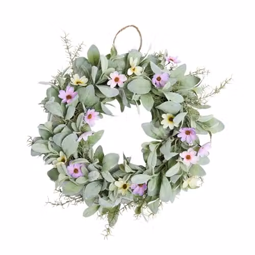 OHS Pink Artificial Floral Wreath with Lavender and Leaves, W/D/H: 50 x 50 x 10 cm