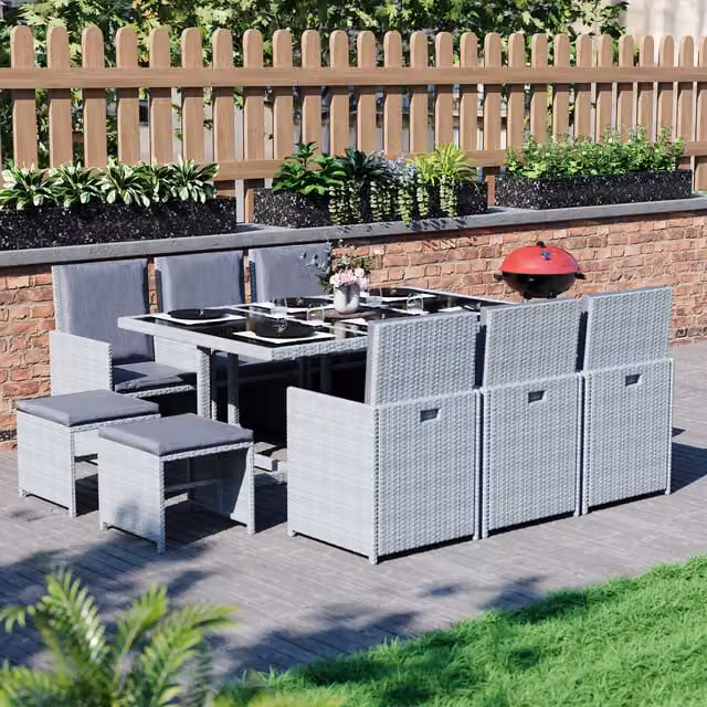 Vida Designs Cuba 10 Seater Modern Rattan Dining Set with Glass Table in Grey and Black