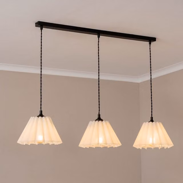 ValueLights Lauren White Pleated Shade 3 Drop Bar Ceiling Pendant Light with LED Bulbs, Matte Black