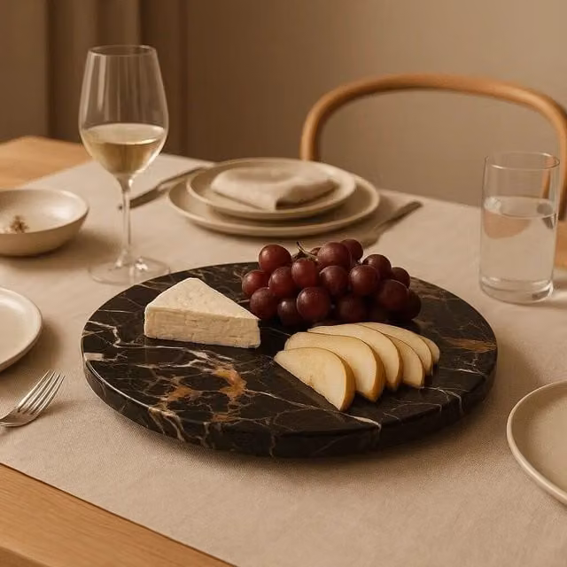 Orsina Black and Gold Marble Lazy Susan Round Rotating Serving Tray and Circular Stone Cheese Board – 1